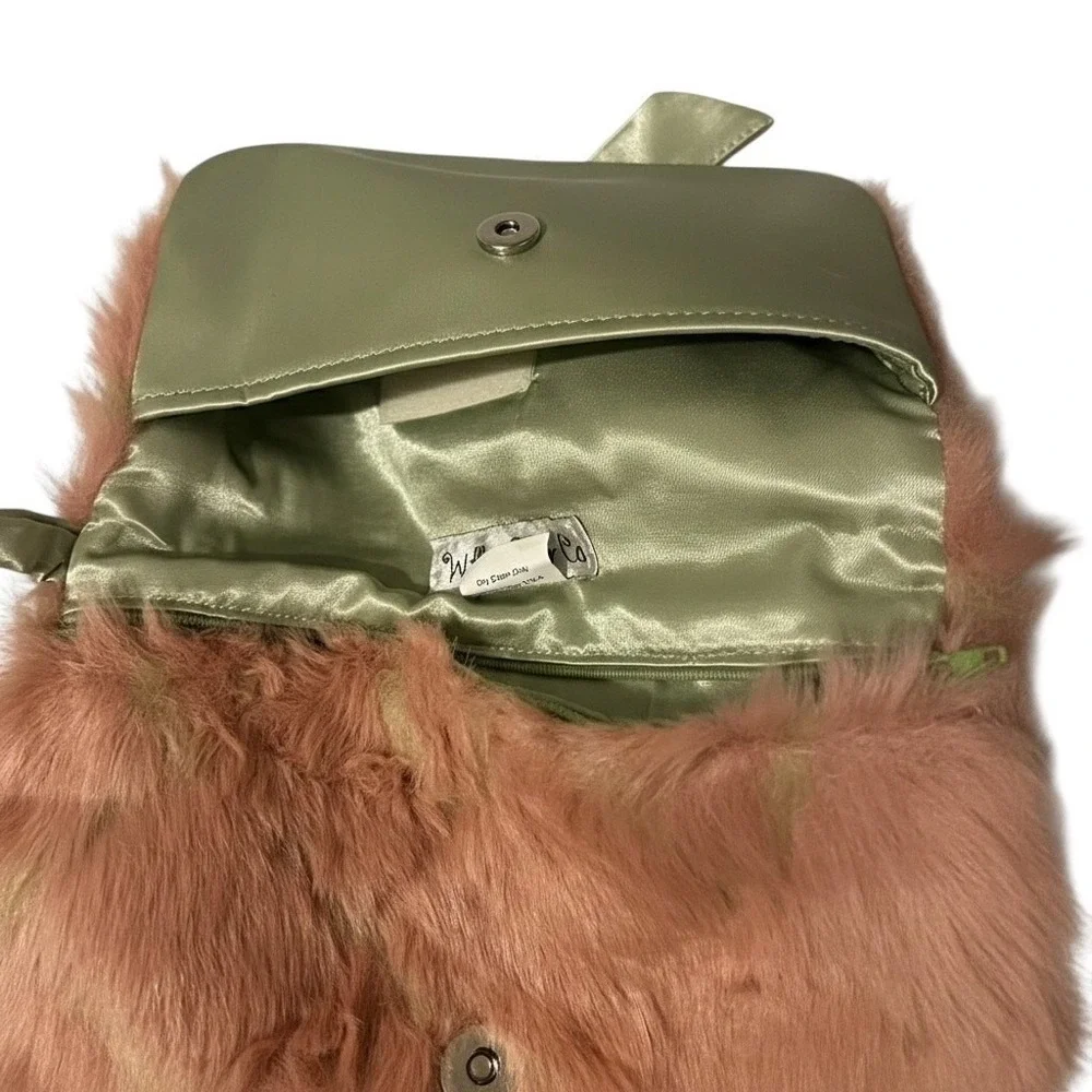 Wills River Co Faux Fur Bow Clutch Wristlet Bag Pink Green Coquette Size OS
